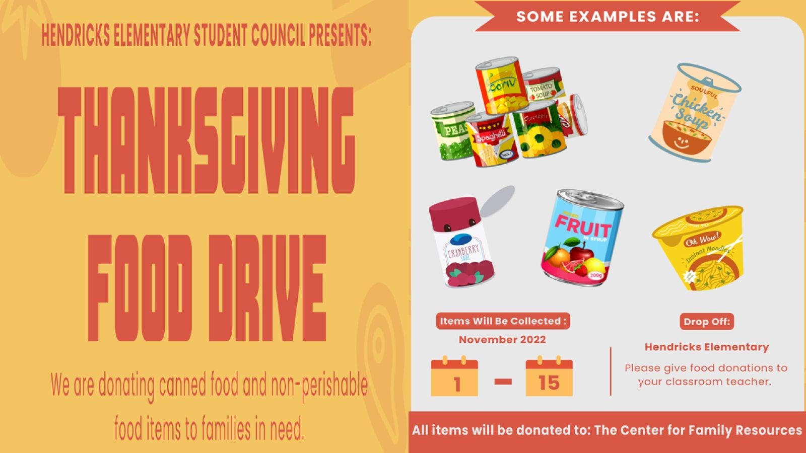 Thanksgiving Food Drive caption with pictures of suggested canned items